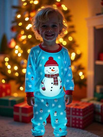Infant Boys' Christmas Sleepwear, Snowman & Snowflake Print, Glow-In-The-Dark Knit Elastic Fabric, Soft Long Sleeve Top And Pants 2 Pieces Pajama Set Snug Fit Kids Christmas Pajamas