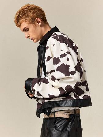 Street Life Men Boxy Loose Cow Print Short Jacket, Fall