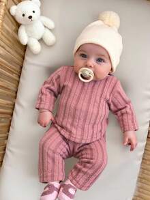 SHEIN 6pcs/Set Baby Girls Autumn New 2025 Newborn Outfit, Heart Print & Solid Color Round Neck Long Sleeve Top With Snap Shoulder, Casual Long Pants, 3 Cute & Simple Fashion Suits - Multicolor - View 9
