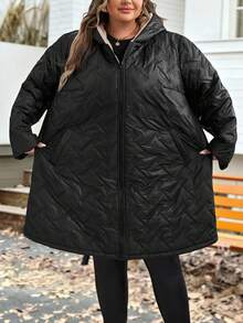 SHEIN CURVE+ Veste d'hiver casual à capuche avec doublure chaude pour femmes grande taille, convient pour l'hiver, vêtements en coton pour femmes grande taille - Noir - View 5
