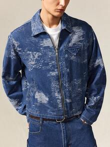 ROMWE MEN Street Life Men's Casual Fashion Street Full Print Zip-Up Denim Jacket, Spring/Autumn - Blue - View 7