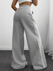 SHEIN Women's Grey Melange Wide-Leg Pants With Lace Trim Detail - Grey - View 2