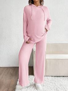 SHEIN 2 Peças Conjunto de Maternidade: Moletom com Capuz de Manga Longa com Ombros Caídos e Cor Sólida, e Calça com Cintura Ajustável, Casual