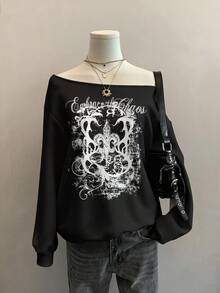 Attitoon Áo nỉ dài tay trễ vai dáng rộng cho nữ, họa tiết bướm cổ điển theo phong cách đường phố chữ cái tiếng Anh Punk, thoải mái cho mùa thu/đông - màu đen - Xem 2