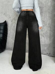 SHEIN PETITE CURVE 大码女式不对称腰部复古蓝色宽松直筒牛仔裤 - 黑色 - 查看 2