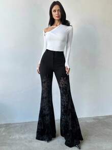 Firerie Women's Summer New Flocked Lace Elegant Vacation Graduation Music Festival Party Sexy Street City Black Low-Waist Lace Patchwork Sheer Fitted Flare Pants