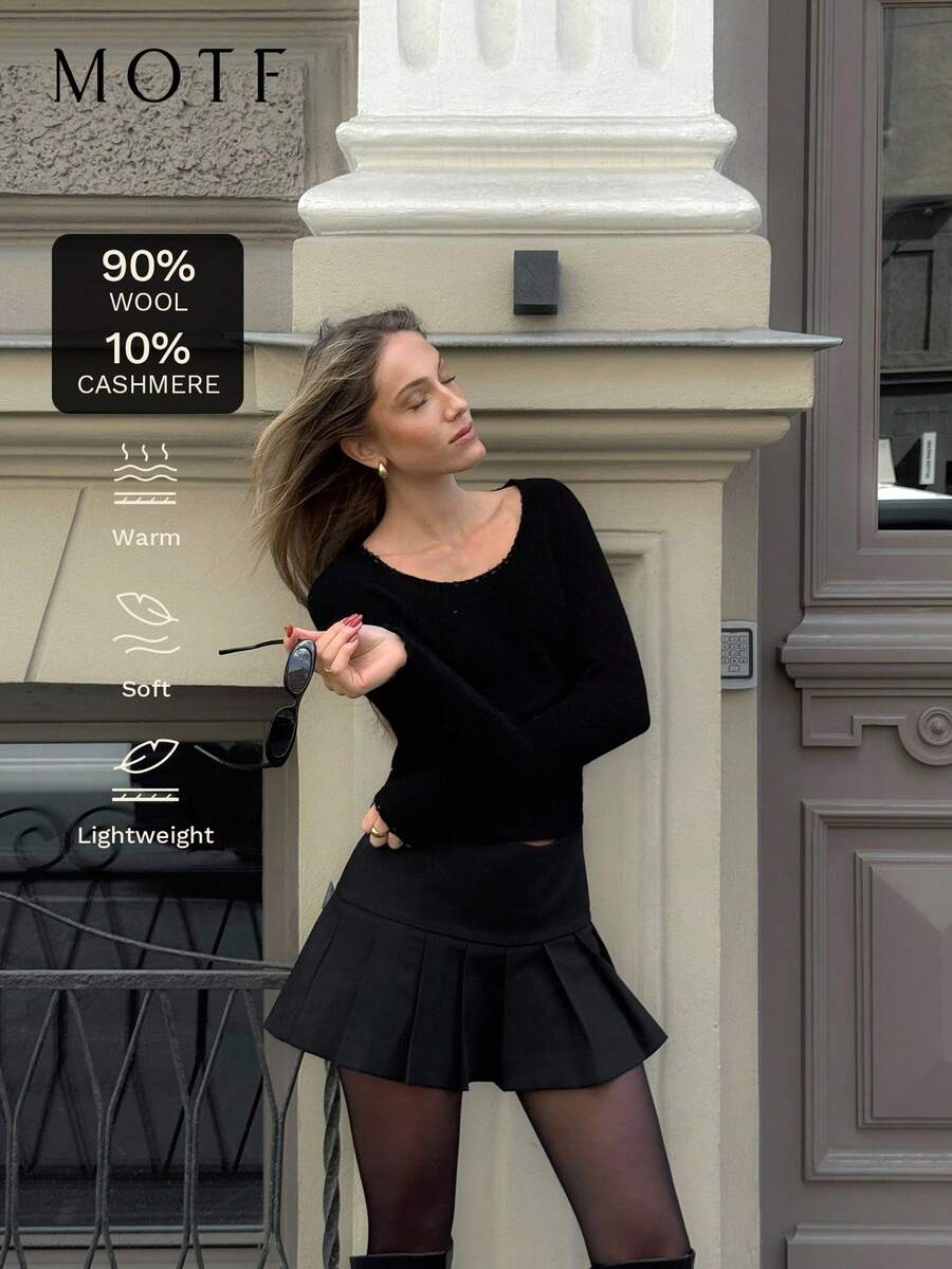 MOTF PREMIUM CASHMERE WOOL BLEND HOLLOW U-NECK SWEATER, ELEGANT FOR AUTUMN/WINTER