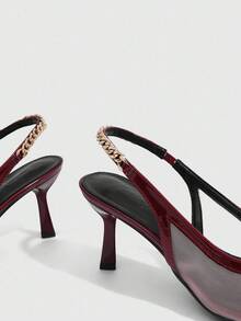 CUCCOO SZL Sepatu Hak Tinggi Wanita Ujung Lancip dengan Rantai Logam, Jala, Seksi & Elegan Warna Merah Slingback Stiletto - Burgundy - View 6