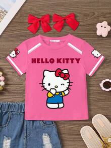 SHEIN Hello Kitty and Friends | Modeflare Wear 可爱风格，粉色小猫针织衫，适合社交、运动休闲、社交聚会，年轻女孩休闲简约圆领短袖T恤，适合夏季 - 彩色 - 查看 1