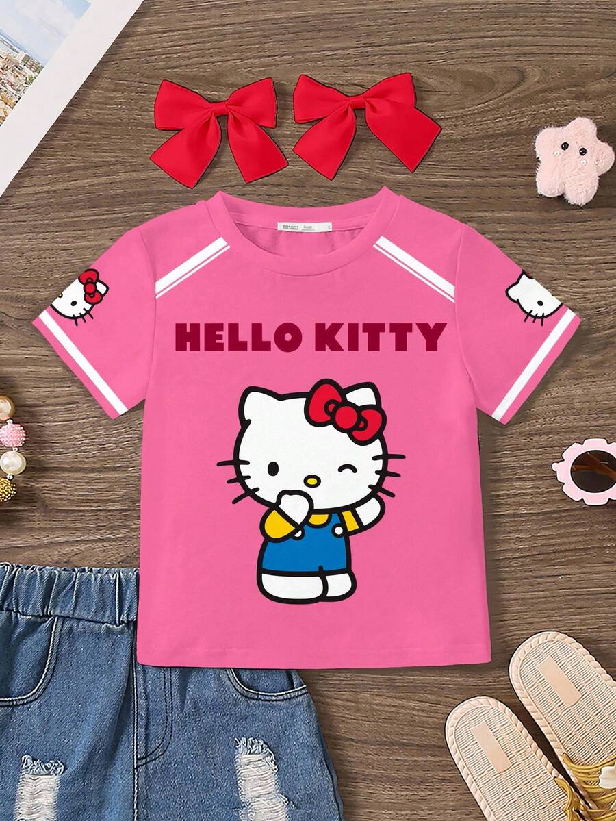 SHEIN Hello Kitty and Friends | Modeflare Wear 可爱风格,粉色小猫针织衫,适合社交、运动休闲、社交聚会,年轻女孩休闲简约圆领短袖T恤,适合夏季 - 彩色 - 查看 1