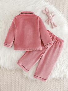 Cozy Pixies 2 pezzi Set di cardigan a maniche lunghe con colletto a costine e pantaloni in vita elastica in colori a contrasto per bambina, fodera in pile spessa