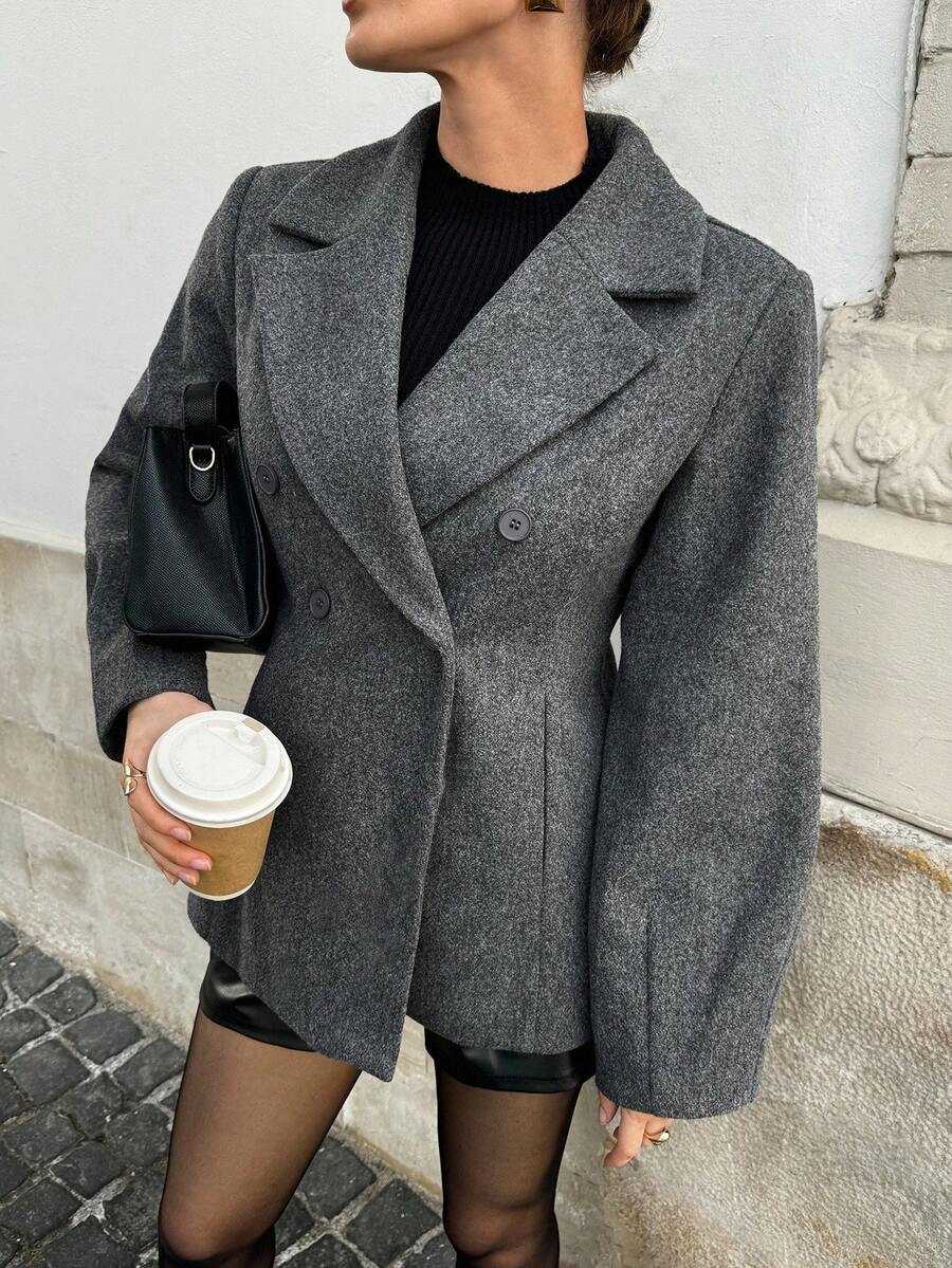 Lavishia Women's Casual Notched Collar Double-Breasted Overcoat, In Autumn/Winter,Fall - Grey - View 1