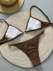 Swim Chiccia Damen einfarbiger gerippter Badeanzug-Set mit metallischer Verzierung, elegant und sexy, für Frühling/Sommer - Schokoladenbraun - Übersicht 2