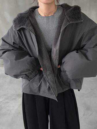 FRIFUL Women's Dark Gray Solid Color Hooded Zipper Cuff & Hem Drawstring Sherpa Lining Loose Casual Versatile Padded Coat, Autumn/Winter Jacket