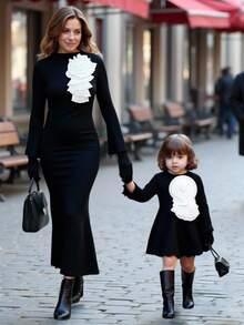 Babygirl Elegant & Cute Casual Black Long Sleeve Knit Dress, Mommy And Me Matching Outfits (2 Pieces Sold Separately) Fall Winter