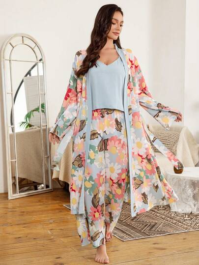 Serenescape Conjunto de pijama con bata floral con cinturón, top de camisola de unicolor y pantalones con estampado floral, adecuado para primavera, verano, otoño, bata floral de vacaciones, vestido Momo, camisón, ropa de otoño e invierno