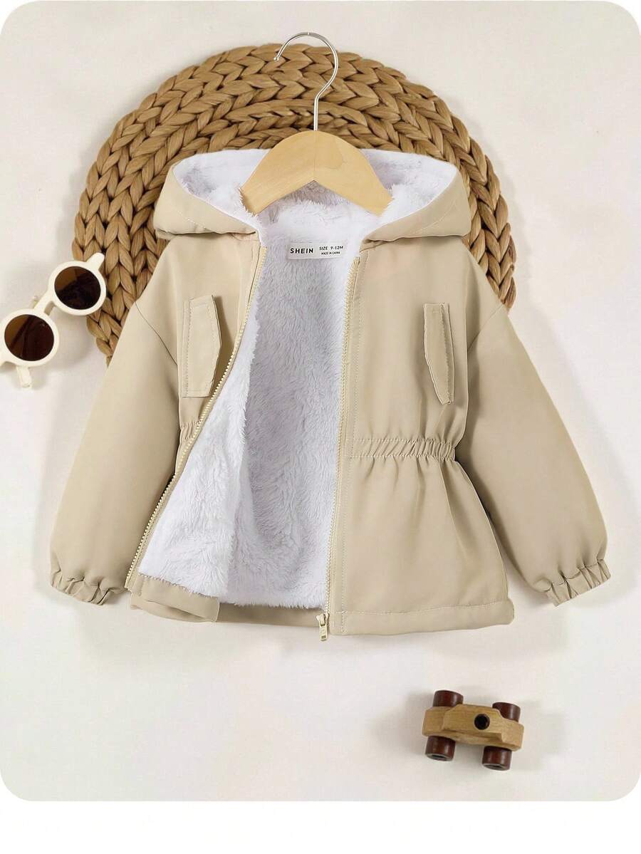 SHEIN 女婴秋冬休闲卡其色羊毛连帽夹克