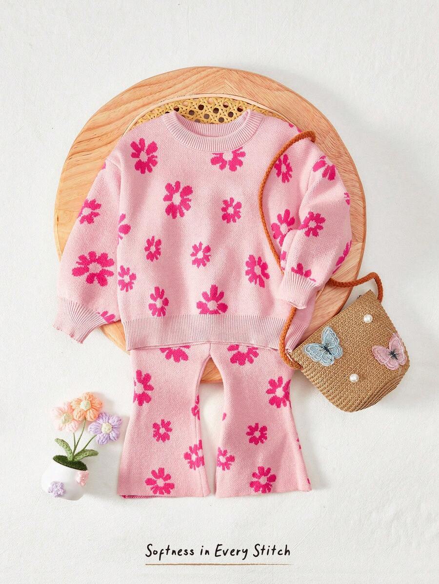 Cozy Pixies 2 件装女婴花卉图案撞色圆领长袖上衣和裤子针织套装 - 彩色 - 查看 1