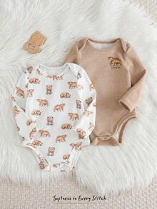 Cozy Pixies 2件套新生女宝宝卡通熊图案针织柔软圆领长袖连体衣套装