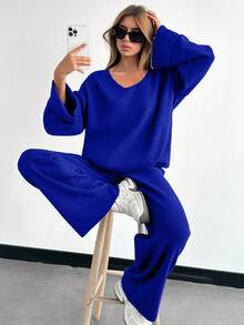 EURMUSE Women V-Neck Flare Sleeve Detailed Sweater And Pant Set - Royal Blue - View 6
