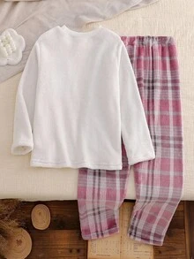 2pcs/Set Girls' Ribbed Crew Neck White Double-Sided Fleece Plaid Minimalist Comfortable Long Sleeve Top And Pants Pajama Set Soft Pajamas Set Checkered Pajama Set Long Sleeve Pajama Sets White And Pink Pajama Set