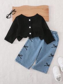 SHEIN Playful Pals 2 件套女婴休闲百搭长袖夹克和蝴蝶结刺绣裤子套装适合春秋冬季日常穿着 - 黑色 - 查看 3