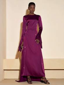 Zivah 2025 秋季新款音乐节、复活节、圣帕特里克节、西部风、游牧风、生日派对、毕业典礼、学院风、学生装、日常休闲、百搭百搭、休闲、度假、邮轮旅行、海滩、日光浴、网络热播、街头服饰、婚礼宾客波西米亚风、通勤、早午餐、机场、派对、节日郊游、优雅盛典长袖喇叭袖开衩超长连衣裙、缎面闪亮面料、紫色连衣裙 - 紫色 - 查看 7