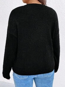 EMERY ROSE 大码优雅女式水貂毛皮串珠套头衫 - 黑色 - 查看 2