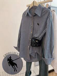 INAWLY New Turndown Collar Blue Striped Long Sleeve Horse Embroidery Women Vintage Loose Shirt - Dusty Blue - View 1