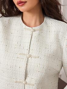 EastFlair 女式仿珍珠单排扣优雅长袖夹克秋冬女装 - 白色 - 查看 7