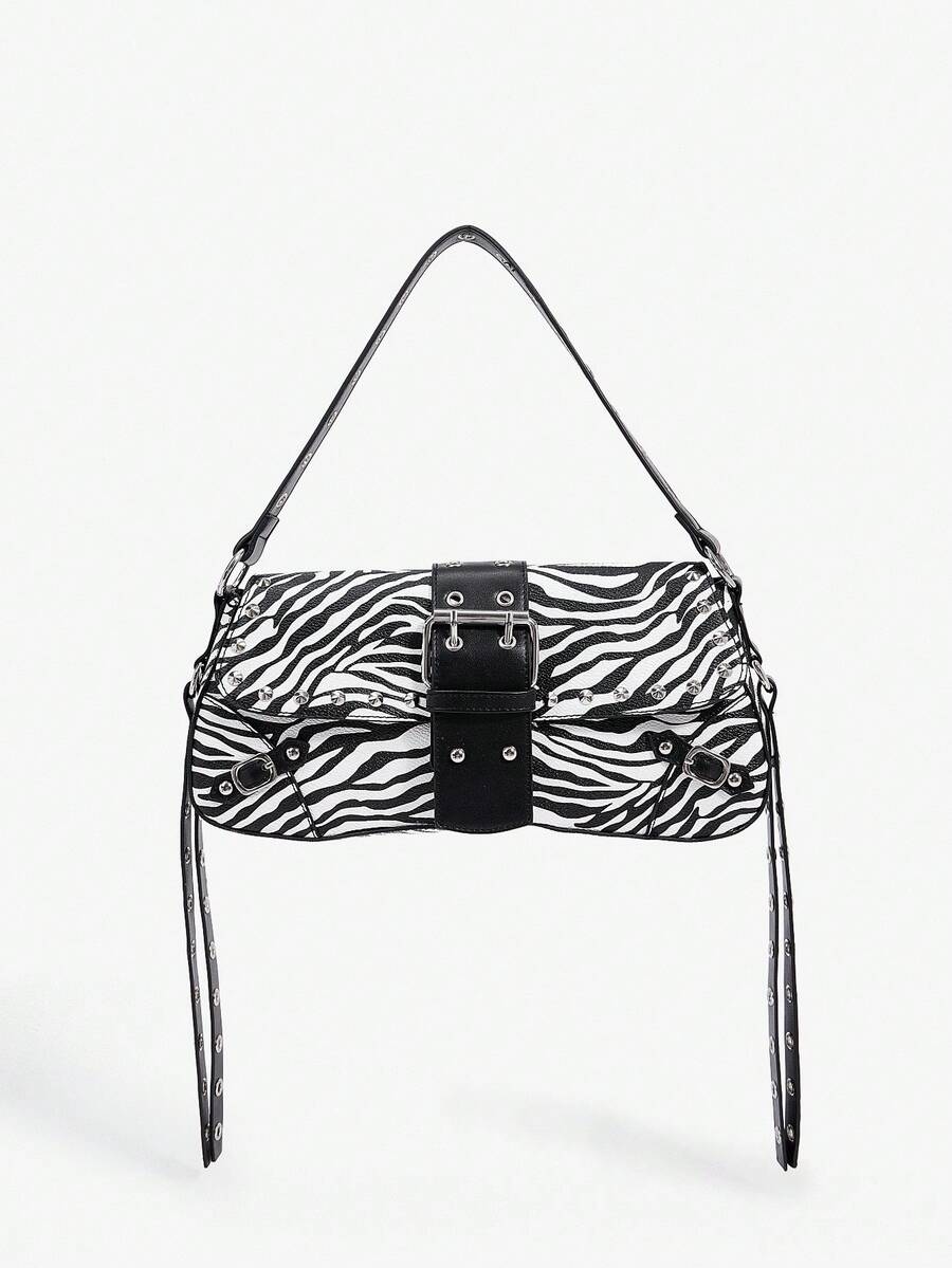 SHEIN X Lucía Bellido SHEIN SXY 女士单肩包、流浪包、黑白斑马纹、动物纹、流苏、铆钉、时尚、街头、简约、个性、百搭、适合约会、日常、购物、下午茶 - 黑與白 - 查看 1