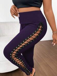 Maweii Plus Size Contrast Color High Waist Eyelet Lace-Up Leggings - Purple - View 7
