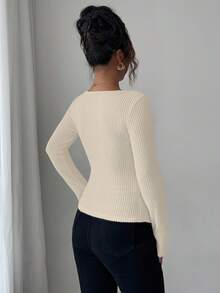 Elenzga 新款女式斜领长袖罗纹拉绒装饰纽扣腰部褶皱设计休闲百搭青春优雅T恤，秋冬 - 杏色 - 查看 2