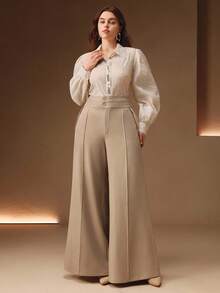 Anewsta Quần ống loe dài màu kaki cạp cao hai lớp thanh lịch, có túi thắt lưng dành cho nữ, Xuân/Thu - Màu Khaki - Xem 6