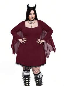 Whyspr 大码女式黑色圆领束腰修身街头风格 A 字下摆蕾丝花边深色朋克蕾丝花边蝙蝠袖巫婆连衣裙，适合万圣节、返校、节日 - 酒紅色 - 查看 4