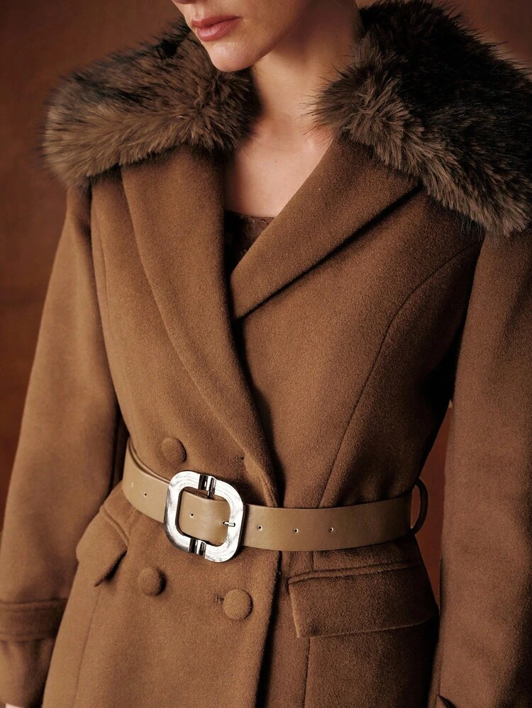 DETACHABLE FUR COLLAR WAIST CINCHED ELEGANT MID-LENGTH OVERCOAT, AUTUMN/WINTER