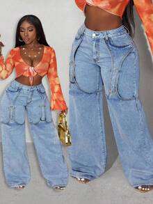 Slaydiva Plus Size Casual Everyday Wear Button Detail Angled Pocket Loose Wide Leg Jeans,Fall Clothes For Women - Baby Blue - View 2