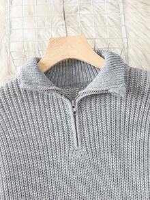 2pcs/Set Casual Teenager Girls Sweater Set, Half V-Neck With Zipper Regular Long Sleeve Loose Top Paired With Matching Wide Leg Pants, Regular Thickness, Loose & Comfortable Minimalist Knit Suit, Suitable For Daily Wear & Home, Autumn/Winter Fall - Grey - View 5