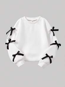 Genkimix Kids 2pcs Girls Korean Style Casual Gray Sweatshirt With Ribbon Bow & Skinny Pants Set - Black and White - View 3