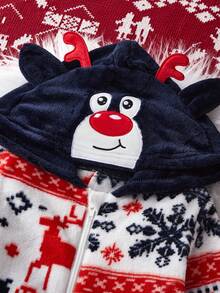 Young Boy Cute Deer Ear Hooded Jumpsuit, Navy Blue & Red, Plush Fabric, Ideal For Christmas, Winter Family Gathering Fall - Red - View 4