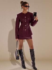 SHEIN BAE 2 件 PU 皮革套装：短裙和夹克，高端服装，女装秋装，女装秋装，女装冬装，万圣节，圣诞节，新年，勃艮第皮衣，酷女孩，休闲，通勤，2 件套女士优雅 - 酒紅色 - 查看 1