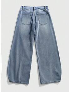 ROMWE MEN Letter Patch Prep Wide Leg Jeans, Retro Fashion Essential - Light Wash - View 2