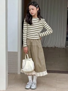 Dazy Kids 2 件套青少年女孩圆领针织印花 T 恤 + 裙子套装，秋季服装 - 綠色 - 查看 6