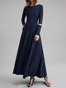 Ontre Vestido de línea A de manga larga y cuello redondo de unicolor versátil para mujer, vestido casual de negocios urbanos, ropa de oficina, uniforme de maestro, vestido de fiesta elegante - Azul Marino - Ver 2