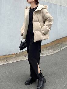 FRIFUL Áo khoác lông cừu rộng rãi, có mũ trùm đầu màu mơ cho nữ, áo khoác đệm đa năng cho mùa thu/đông - Màu be - Xem 2