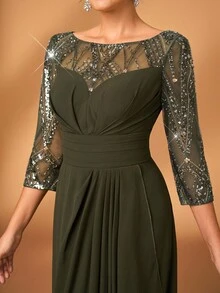 Serin Đầm chữ A sang trọng, thanh lịch với chất liệu chiffon, đính ren và sequin, tay áo voan mỏng, xếp ly bồng bềnh, thích hợp cho đám cưới, tiệc tùng, kỳ nghỉ, dạ hội, váy cho mẹ cô dâu, ngày Valentine. - xanh quân đội - Xem 3