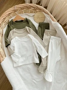 6件套新生儿男/女宝宝休闲可爱纯色针织高领长袖上衣和裤子套装 - 彩色 - 查看 5