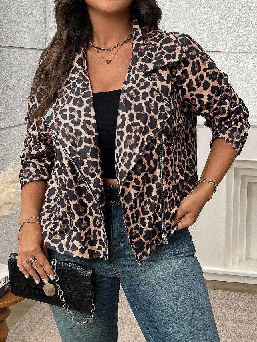 EMERY ROSE 大码豹纹修身机车夹克 - 杏色 - 查看 1