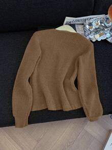 Qadelle Áo khoác cardigan dài tay thanh lịch cổ chữ V cài nút phía trước cho nữ - Màu Khaki - Xem 3