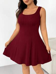 SHEIN EZwear Plus Size Wine Red Chunky Rib Knit Sweatshirt Dress Set, Early Autumn - Burgundy - View 4